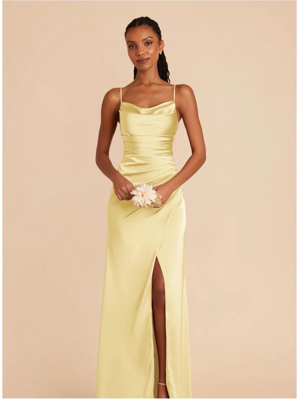 Birdy Grey Satin Cowl-Neck Maxi Dress in Light Yellow